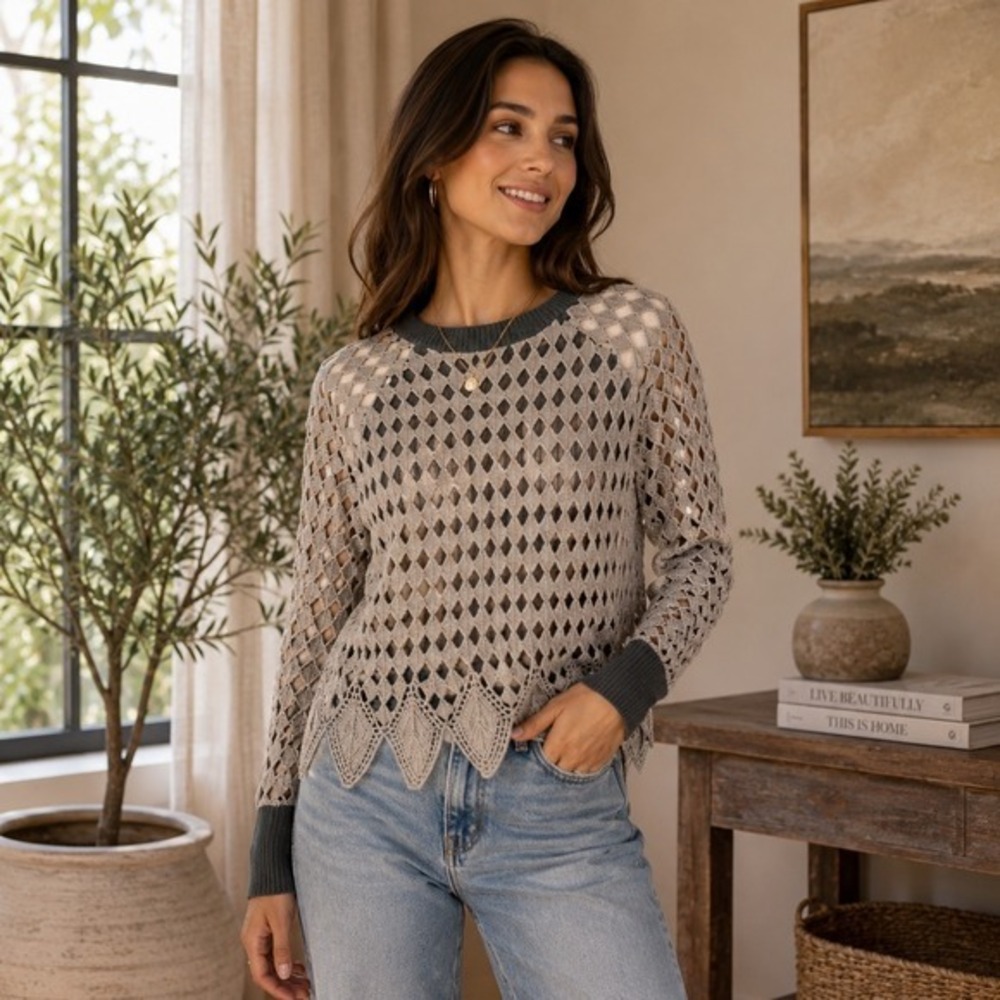 Zara Women's Medium Gray Crochet Knit‎ Sweater Open Lace Pullover Boho